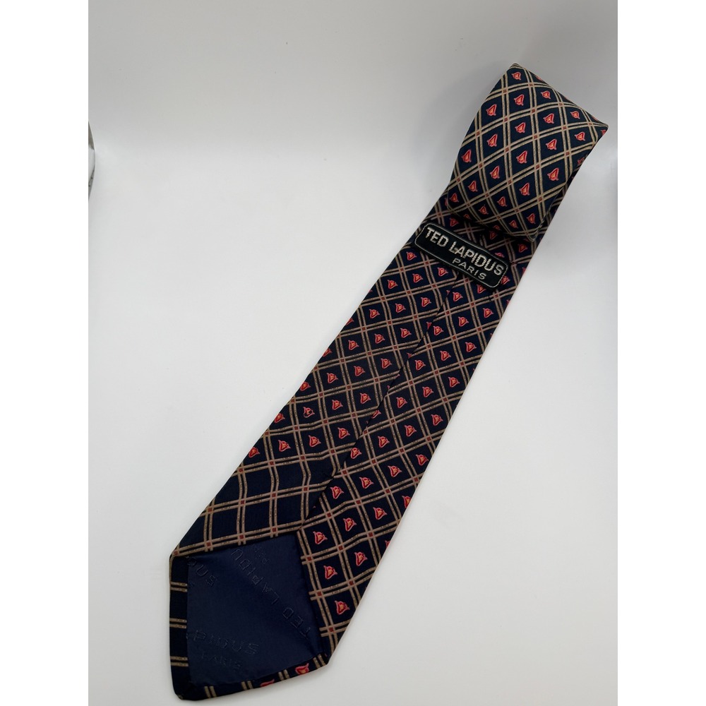Ted Lapidus Paris Mens Silk Necktie Navy Blue Geometric Diamond Grid Pattern
